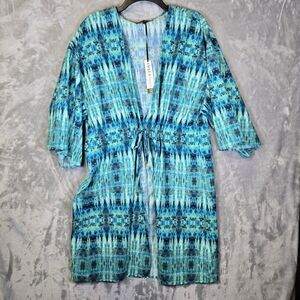 NWT Ambernoon Cardigan Swim Coverup Womens L Blue Green Tie Front UV Protection
